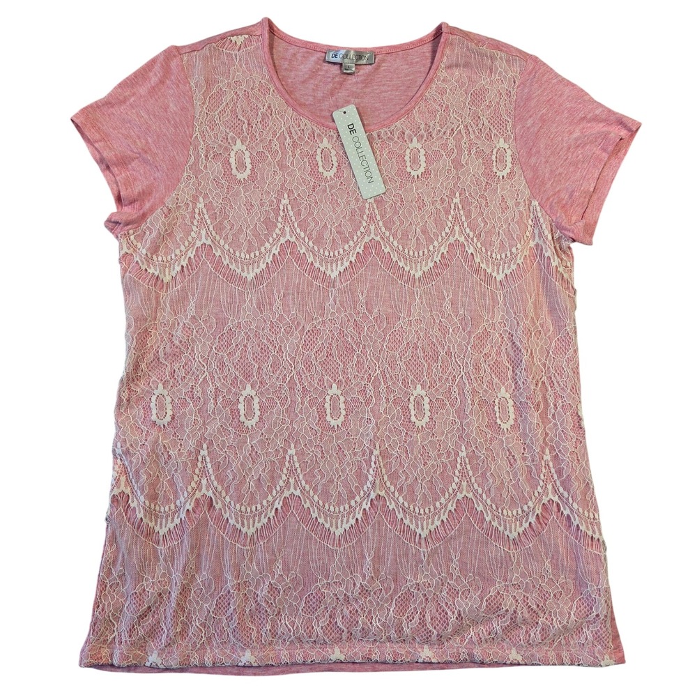 DE COLLECTION Womens Pink Lace Overlay Short Sleeve Scoop Neck Top L Preppy